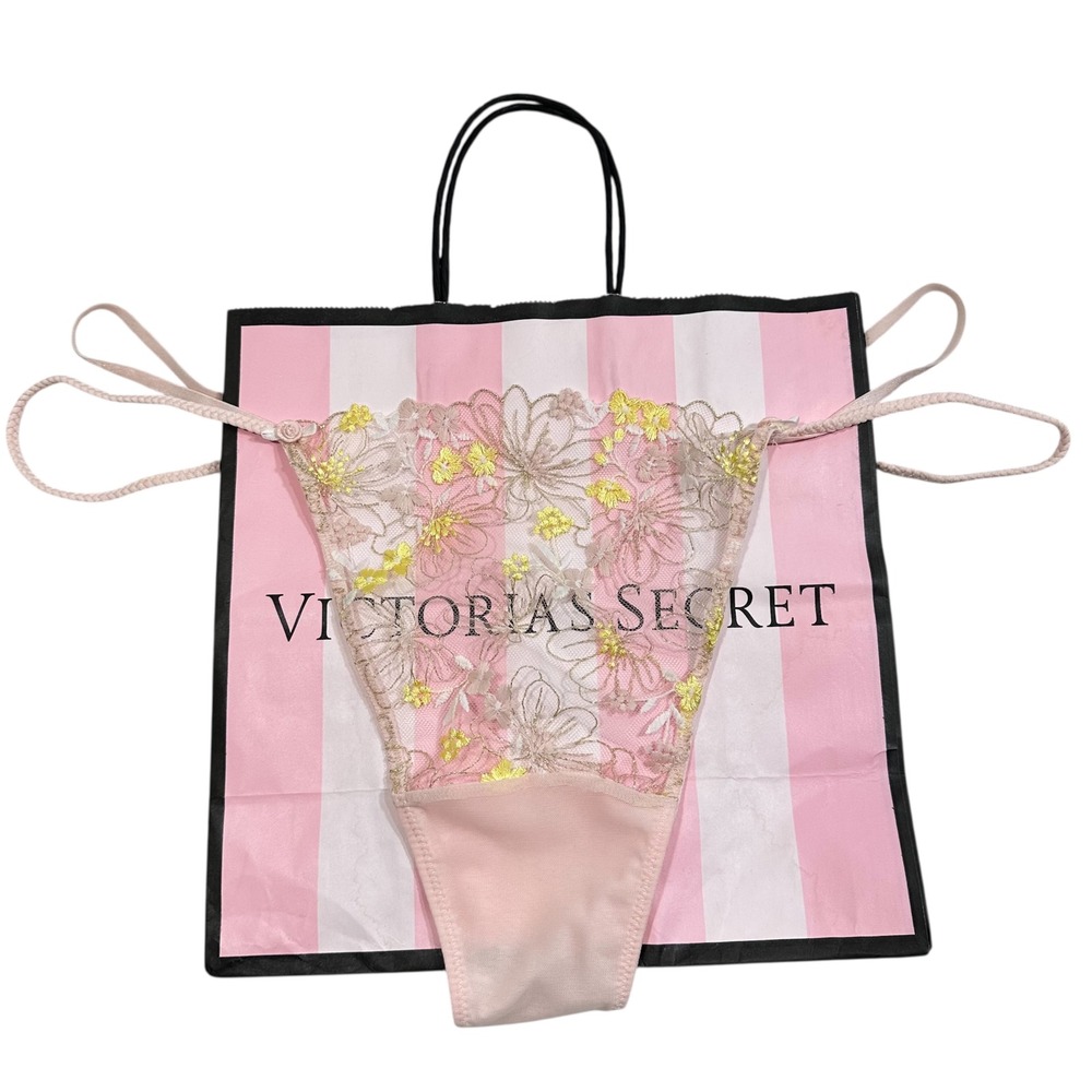 NWT‎ Victorias Secret Dream Angels Embroidered Floral Thong Panty XL Pink Yellow